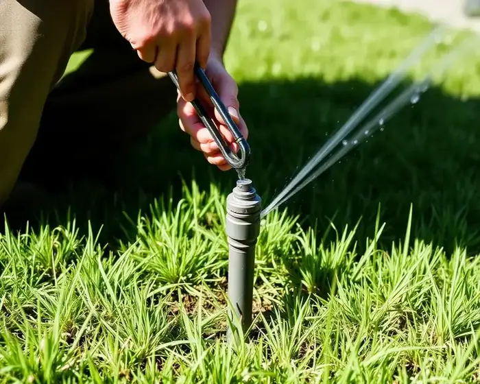 Sprinkler head being repaired by a technician's gloved hand